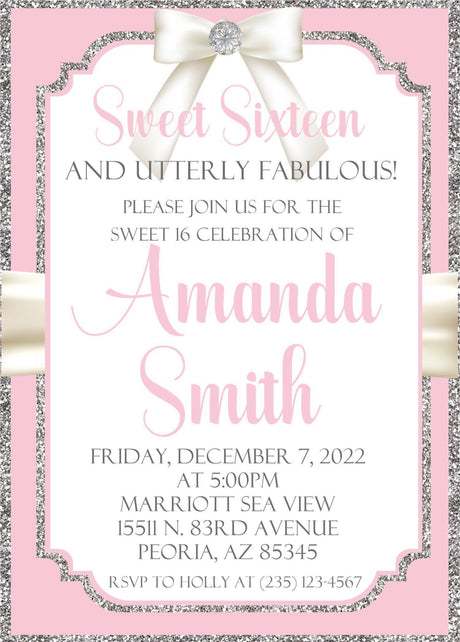 pink silver sweet sixteen invitations elegant satin bow theme