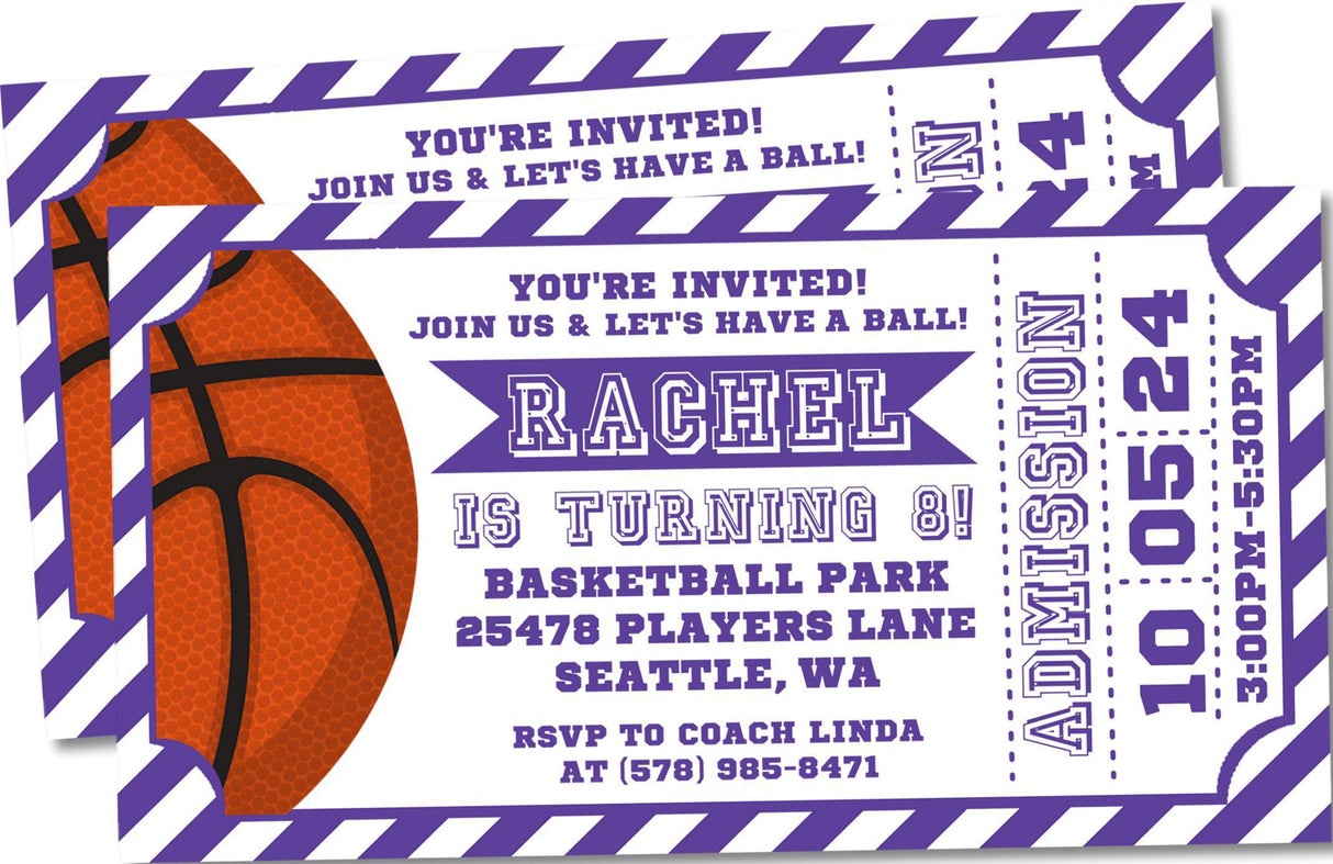 purple basketball birthday ticket invitations colorful admit one theme