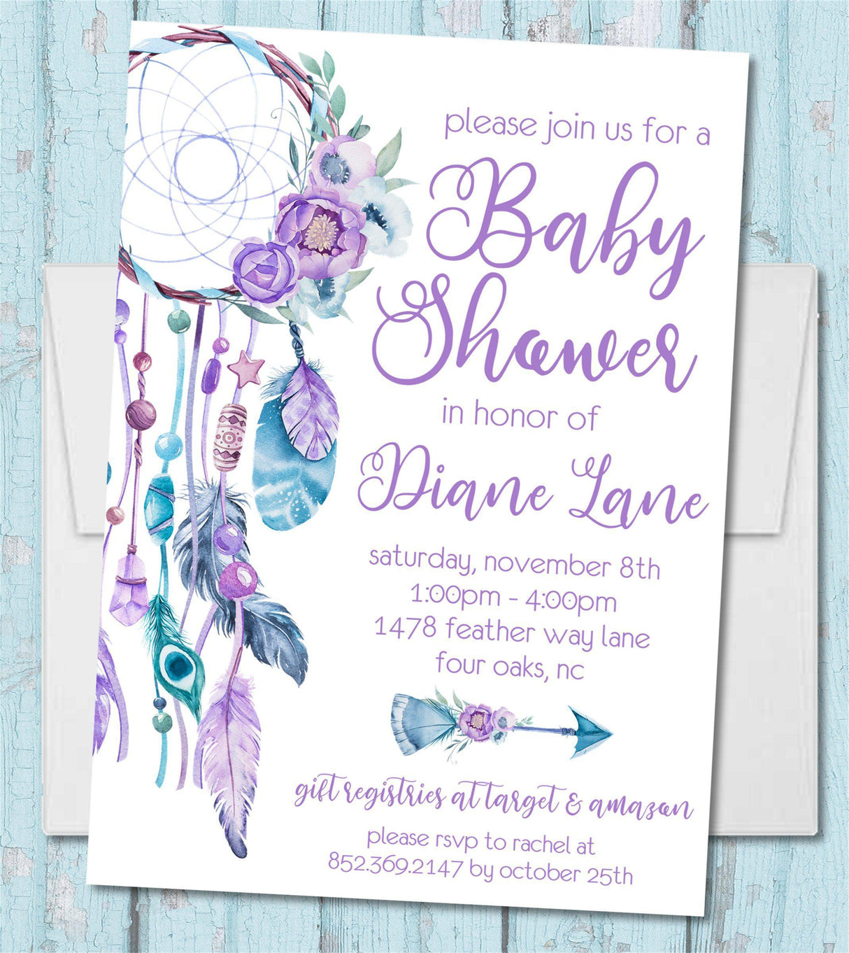 purple dreamcatcher baby shower invitations watercolor feather theme