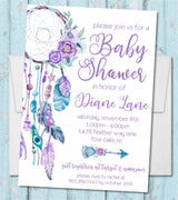 purple dreamcatcher baby shower invitations watercolor feather theme