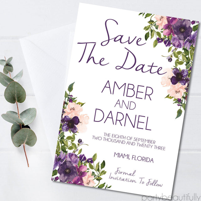 purple floral border save the date cards romantic botanical design