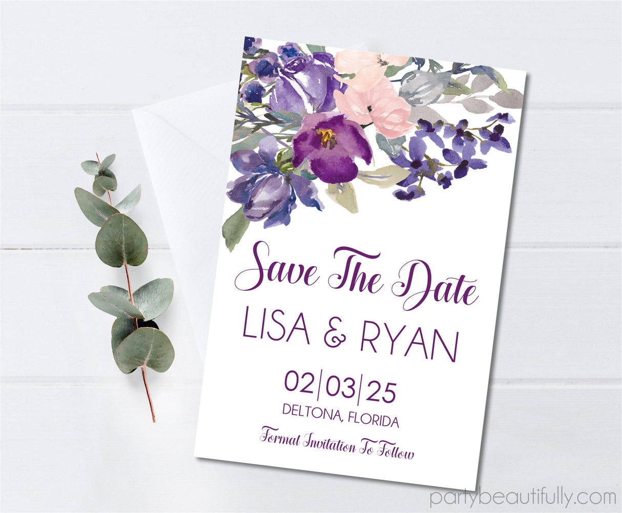 purple floral save the date cards romantic watercolor design