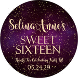 purple galaxy sweet sixteen birthday sticker with starry background