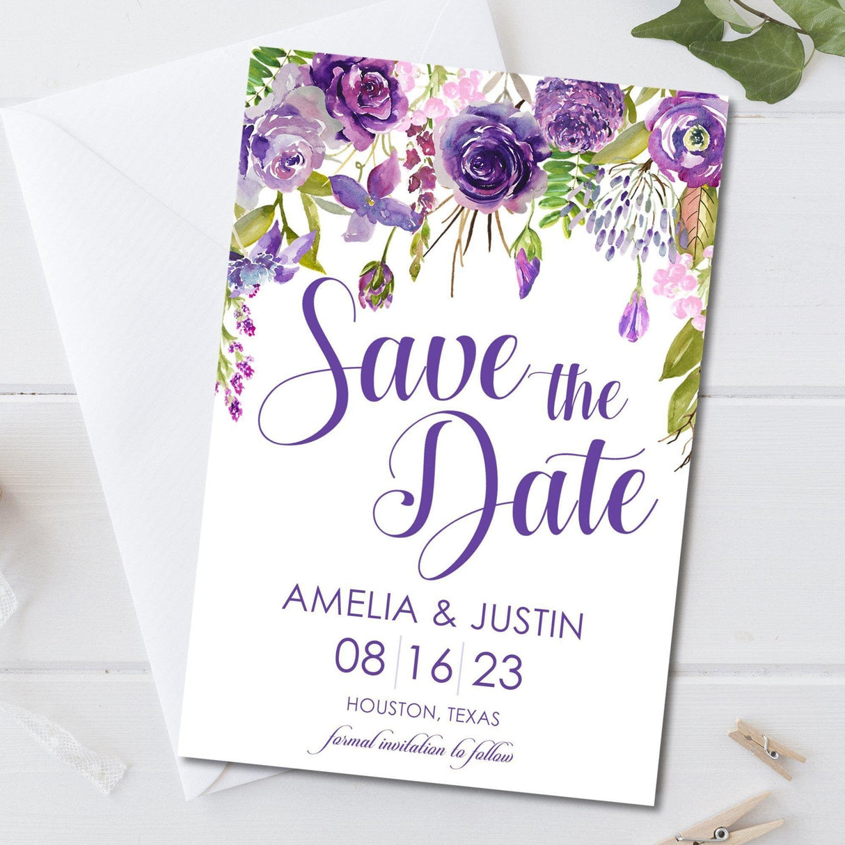 purple wildflower save the date cards watercolor botanical design