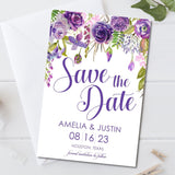 purple wildflower save the date cards watercolor botanical design