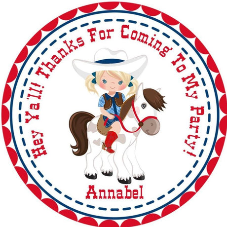 red and blue cowgirl birthday sticker with pony