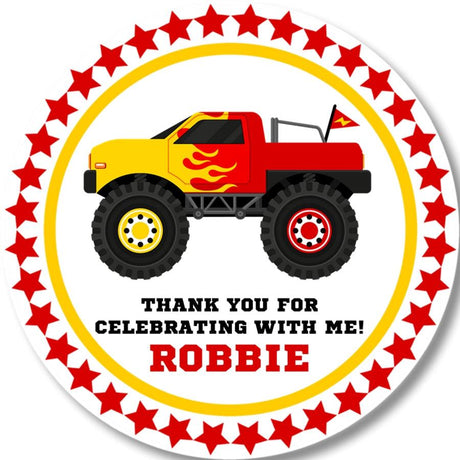 red and yellow monster truck birthday sticker