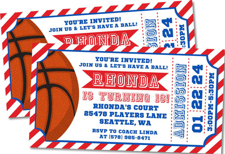 red blue basketball ticket birthday invitations
