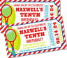 red blue yellow sports ticket party invitations tennis racket theme
