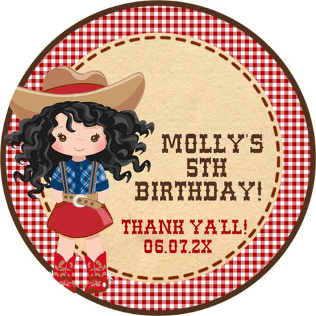 red gingham cowgirl birthday sticker