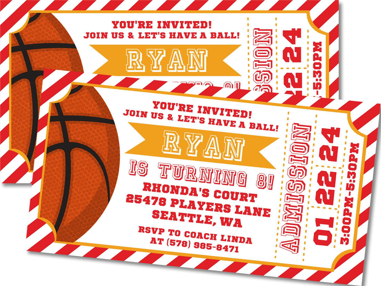 red gold basketball birthday ticket invitations colorful admit one theme