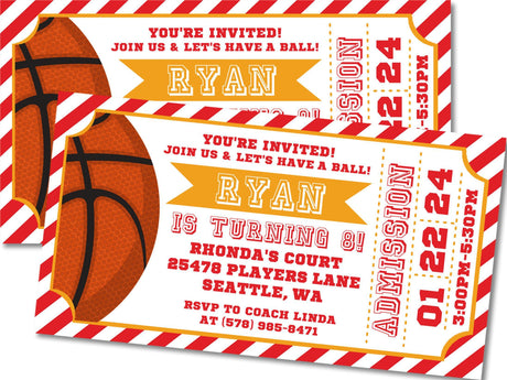 red gold basketball birthday ticket invitations colorful admit one theme