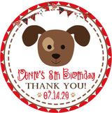 red puppy birthday sticker with brown dog face