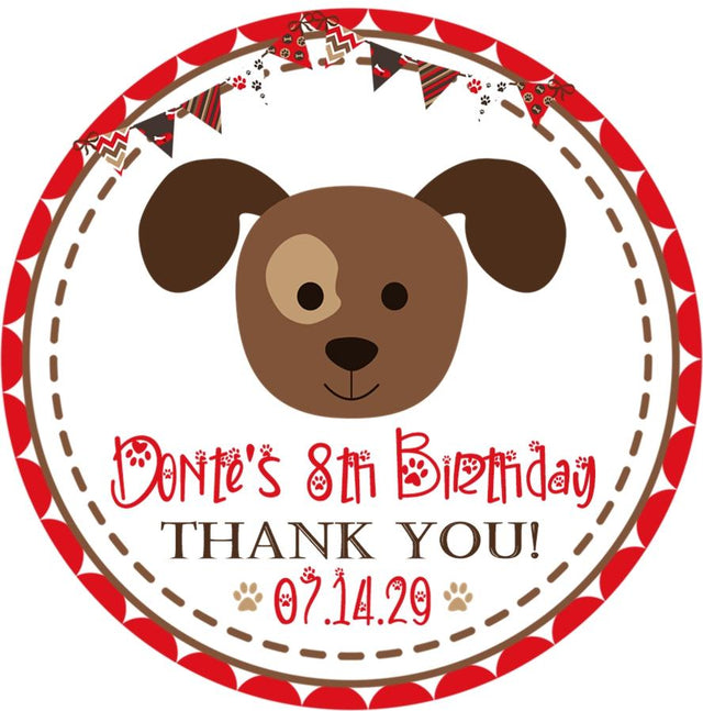 red puppy birthday sticker with brown dog face