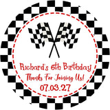 red stitched racing flag birthday party sticker