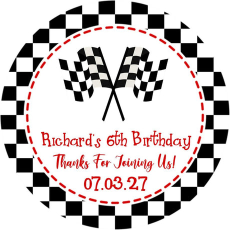 red stitched racing flag birthday party sticker