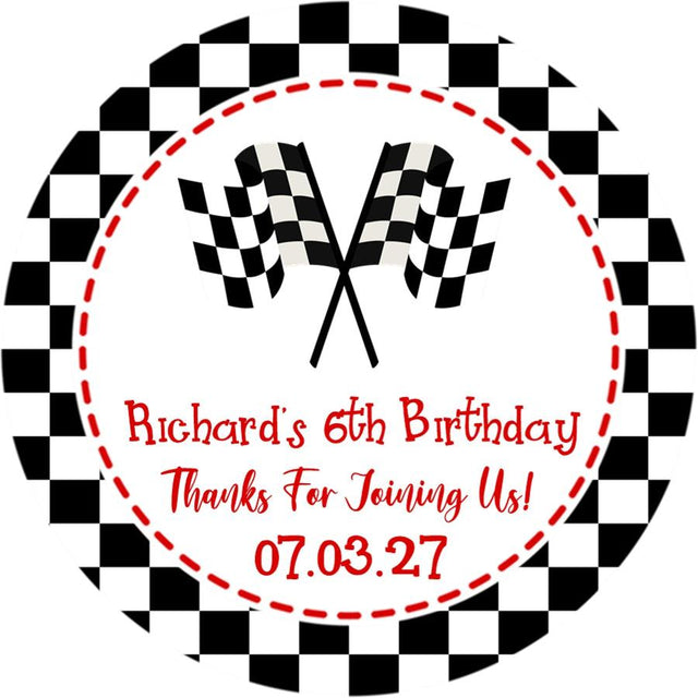 red stitched racing flag birthday party sticker