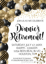 retirement party invitations black gold balloon design