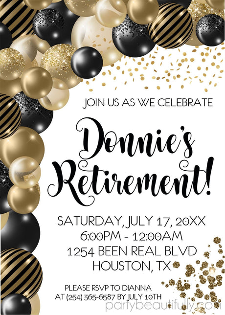 retirement party invitations black gold balloon design