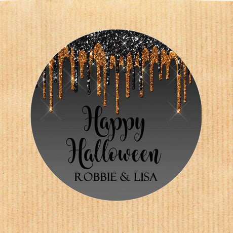 round halloween sticker with black background and cascading orange drip accents