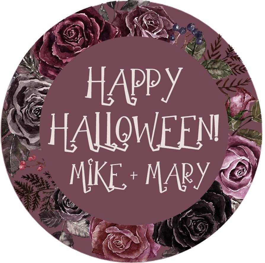 round halloween sticker with burgundy floral frame and dark background