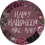 round halloween sticker with burgundy floral frame and dark background