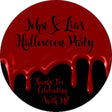 round halloween sticker with deep red background and dripping black accent design