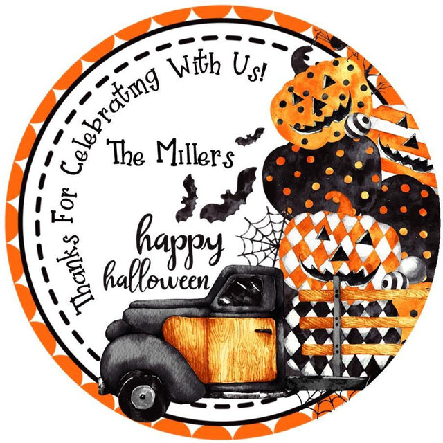 round halloween sticker with vintage truck carrying stacked jack o lanterns