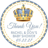 royal prince baby shower favor label in gold and blue