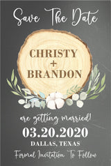 rustic wood slice save the date cards woodland wedding design