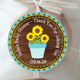 rustic wood sunflower baby shower sticker with teal trim
