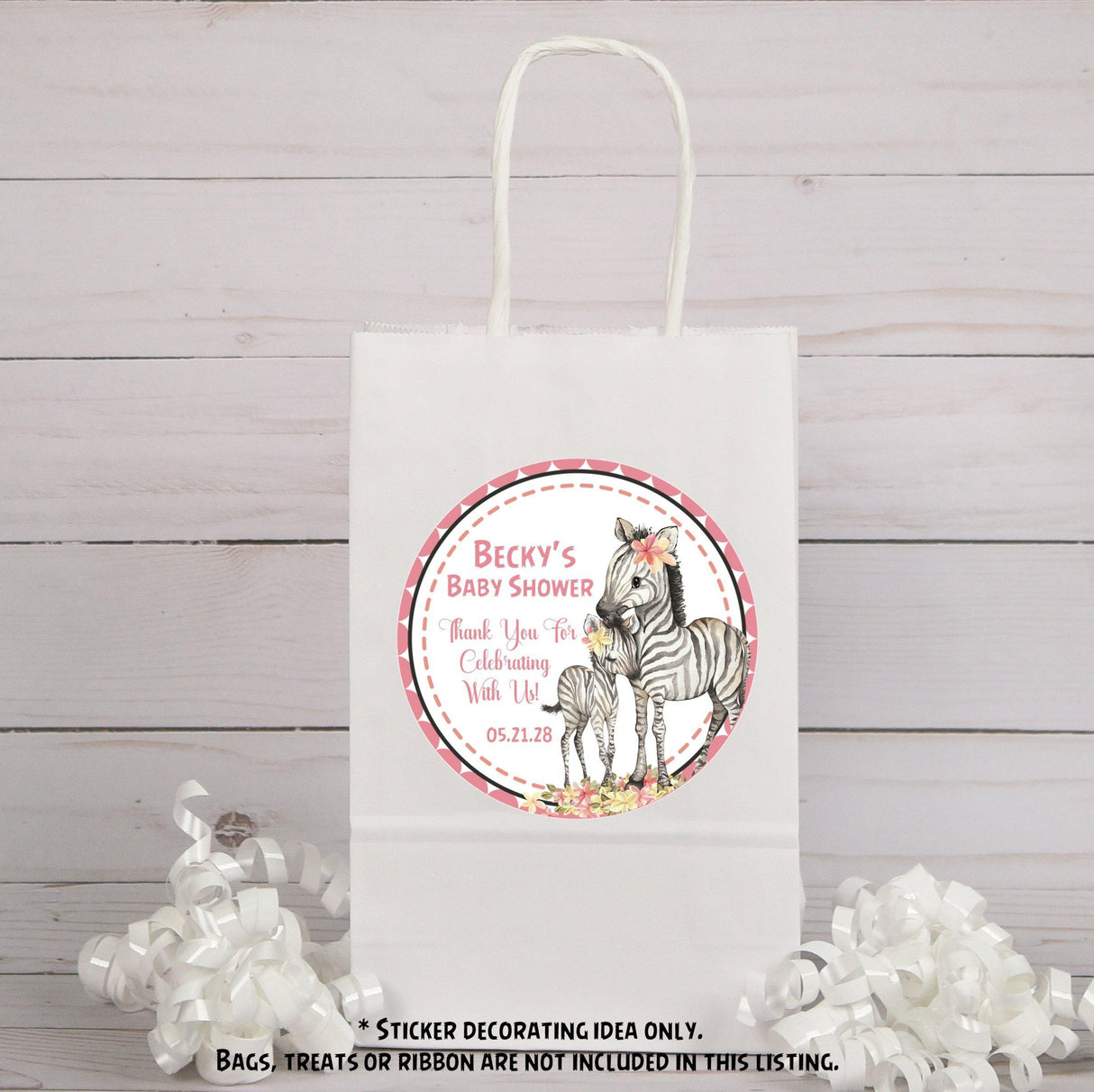 safari animal baby shower favor label with pink florals