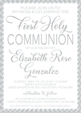 silver damask first communion invitations with elegant typography