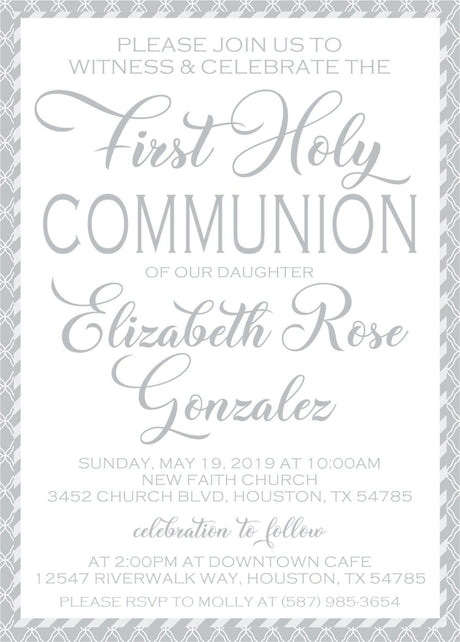 silver damask first communion invitations with elegant typography