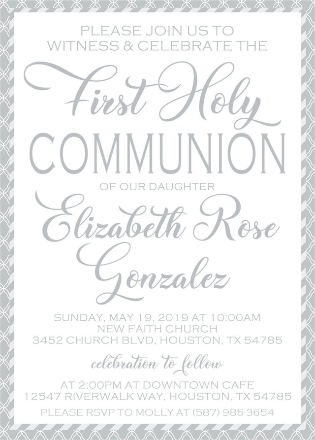 silver damask first communion invitations with elegant typography