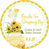 social distant baby shower favor sticker with sunflowers and balloons