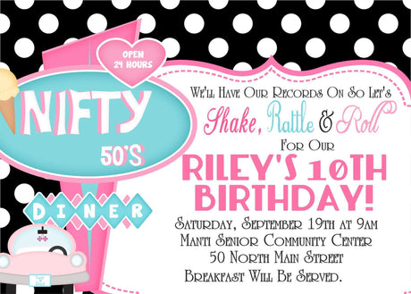soda shop invitation cards 1950s birthday party style