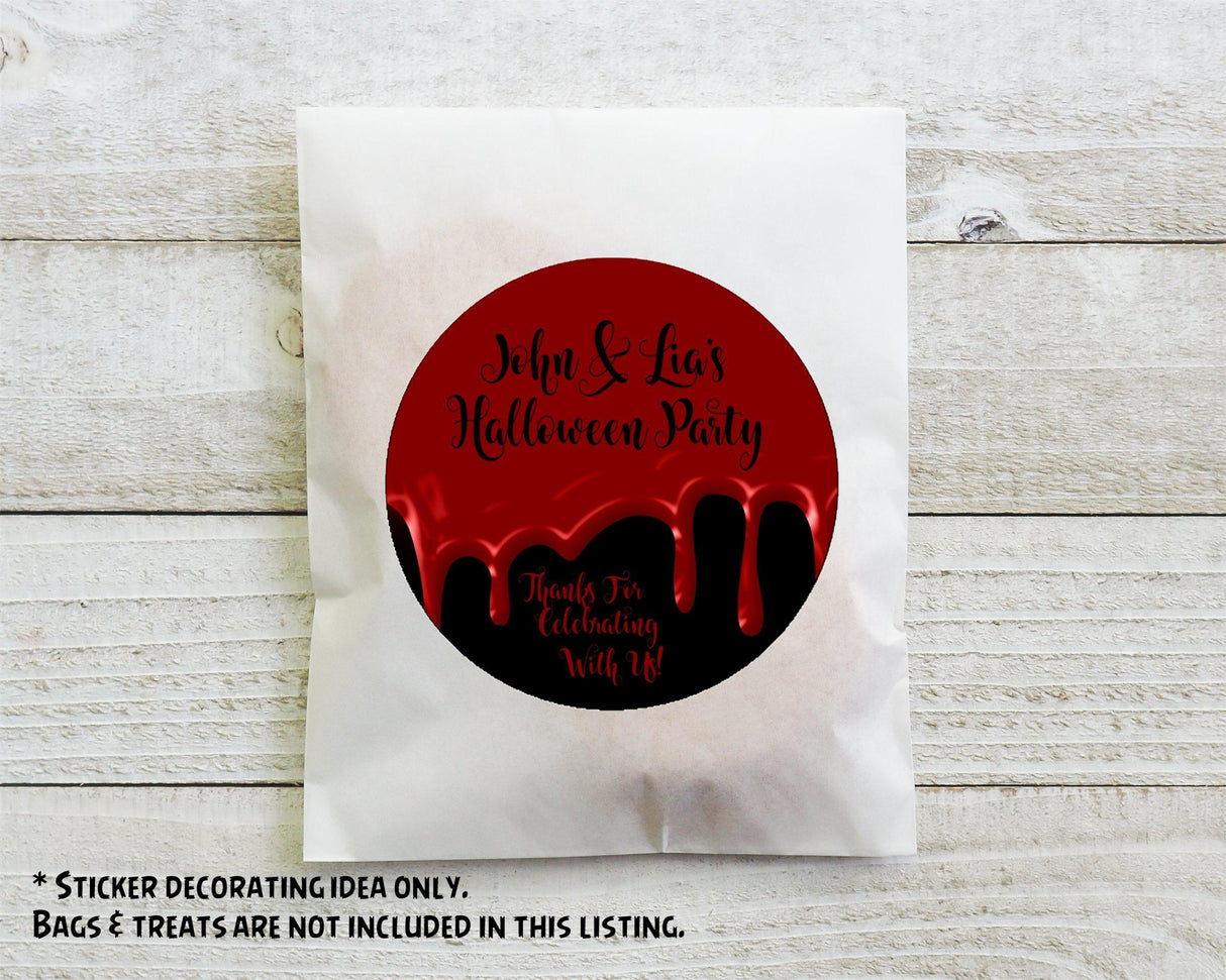 spooky halloween favor label featuring blood drip effect and bold lettering