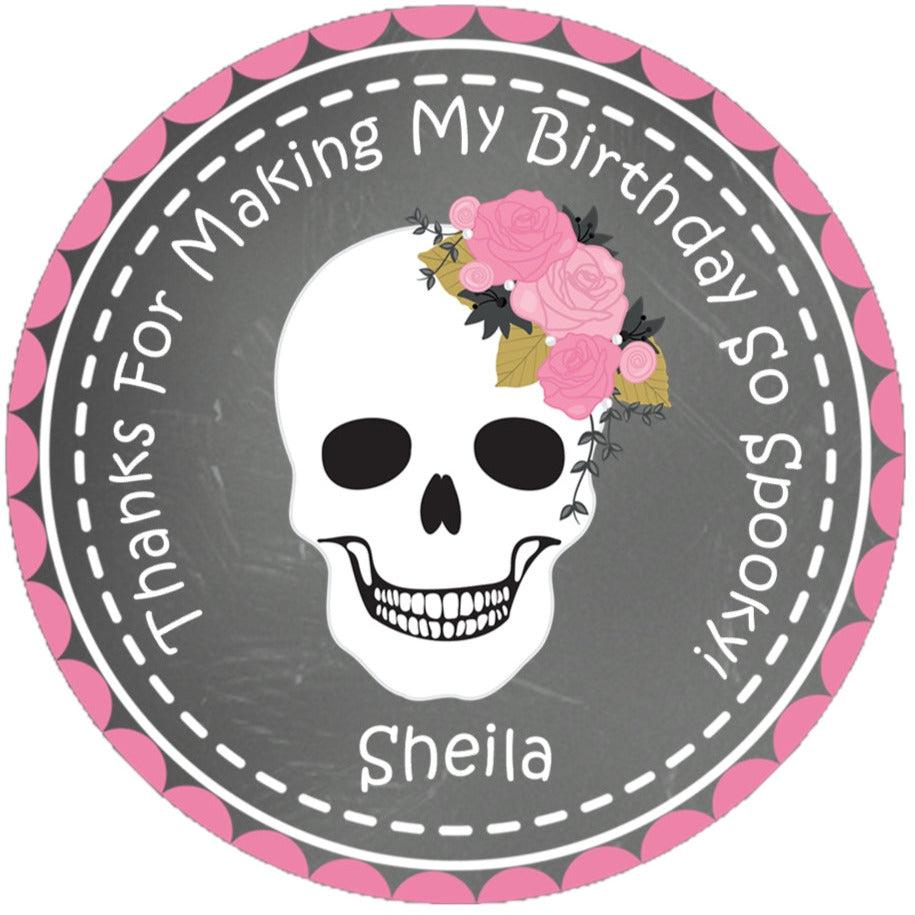 spooky pink skull party favor label