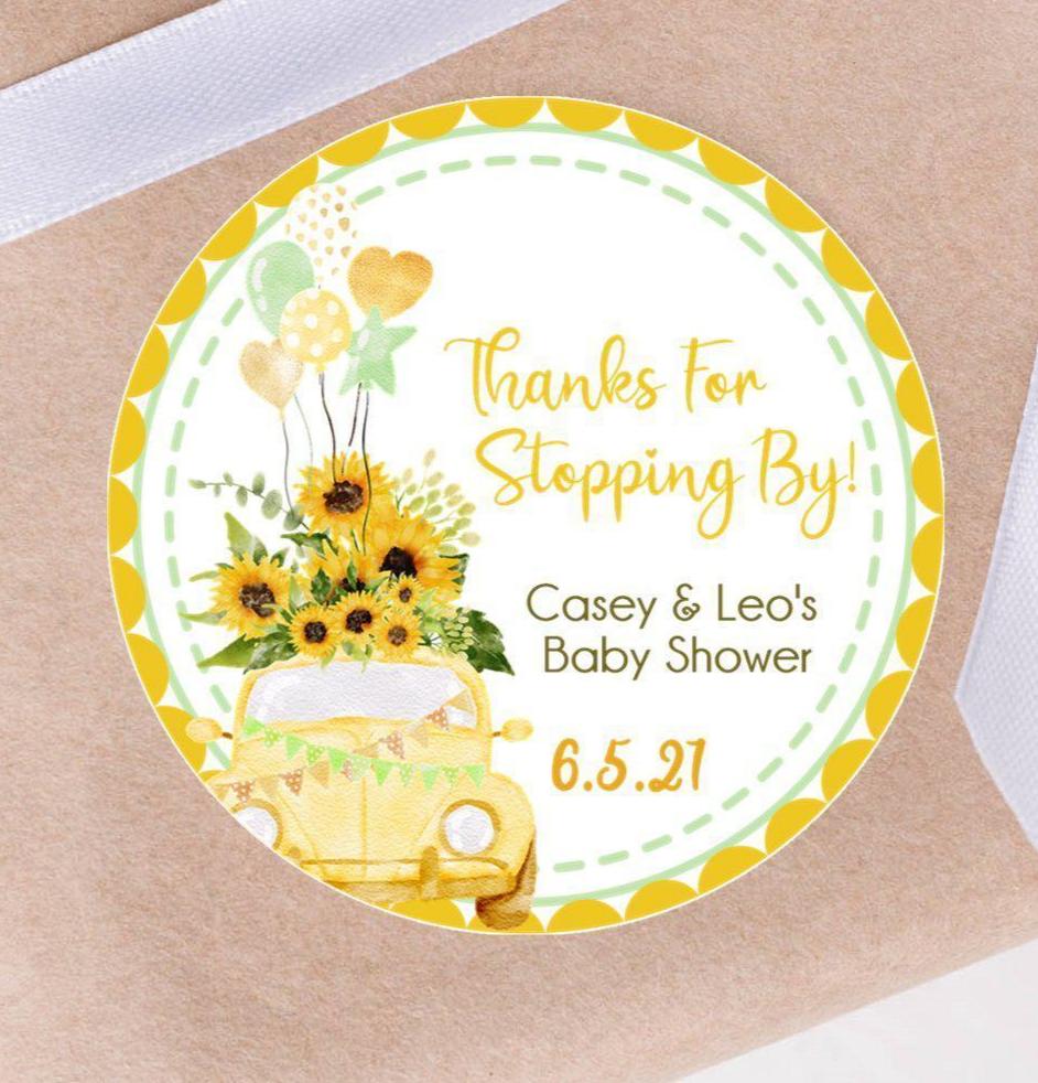 sunflower drive by baby shower sticker with watercolor car