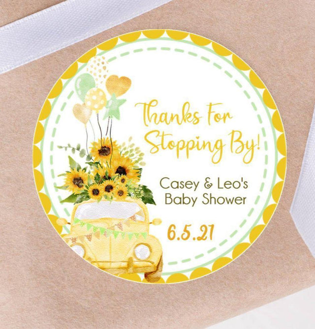 sunflower drive by baby shower sticker with watercolor car