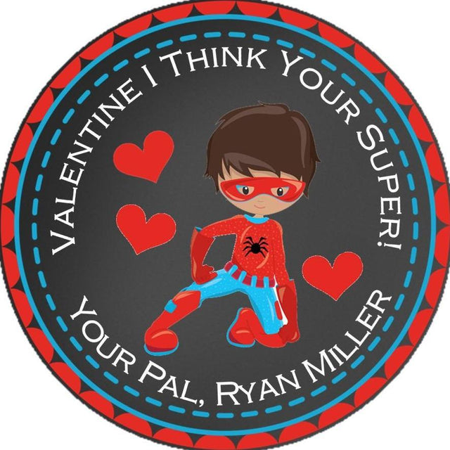 superhero valentine sticker with red and blue hero