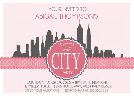 sweet 16 birthday invitations city skyline design