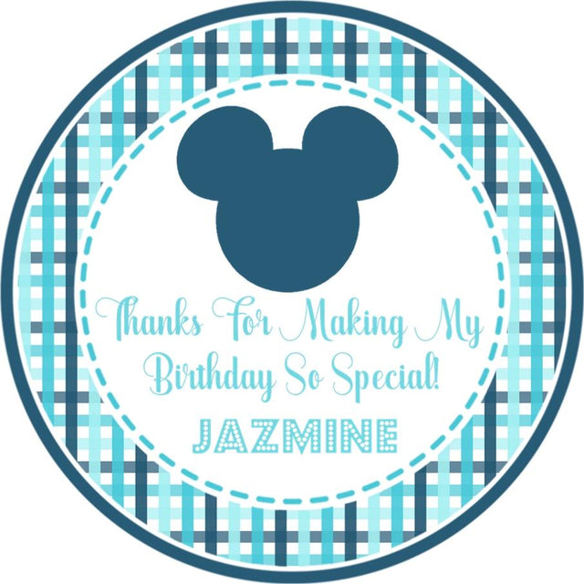teal Mickey silhouette birthday sticker with plaid border