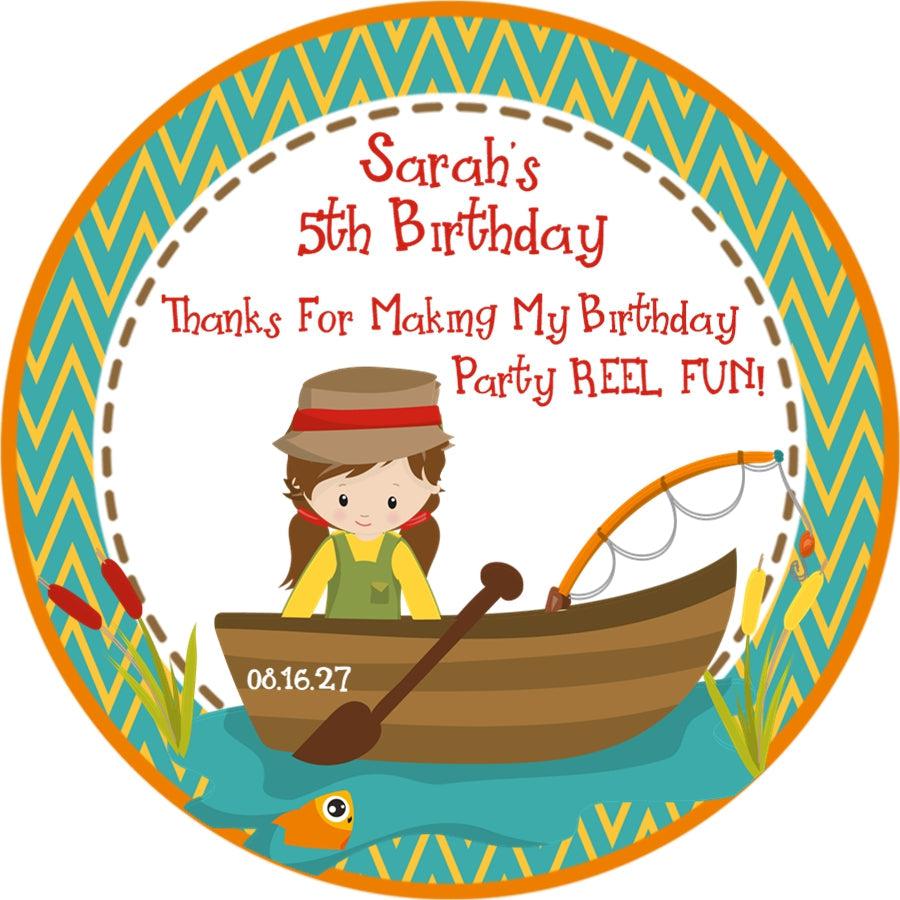 teal and orange fishing themed party favor label