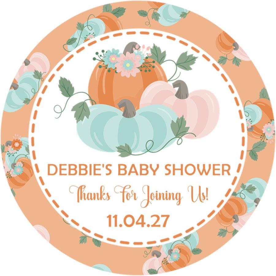 teal and orange pumpkin favor label