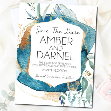 teal geode save the date cards modern botanical wedding design