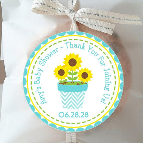 teal sunflower baby shower sticker with rustic wood background