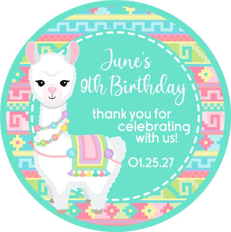 teal tribal llama birthday sticker with white llama