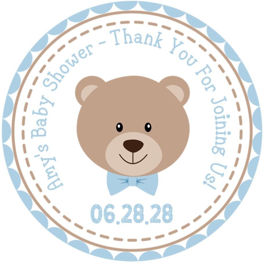 teddy bear baby shower sticker with blue bow tie